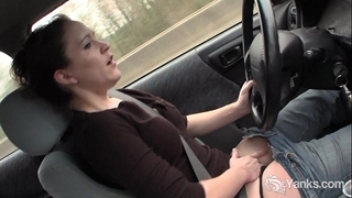 Sexy lou driving and rubbing her moist love tunnel