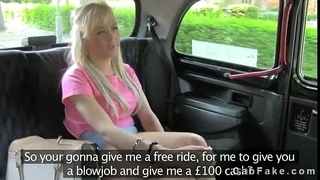 Hot blond drilled in fake taxi on sunny day