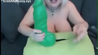 Sexy blond dwarf with large mounds toys with her love tunnel