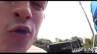 Breasty legal age teenager sucks gives a ride