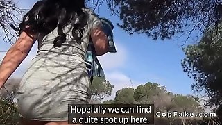Dark haired amateur sucks cops dick outdoors