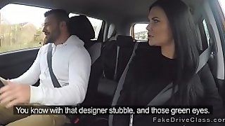 Busty Milf examiner sucks big cock in car